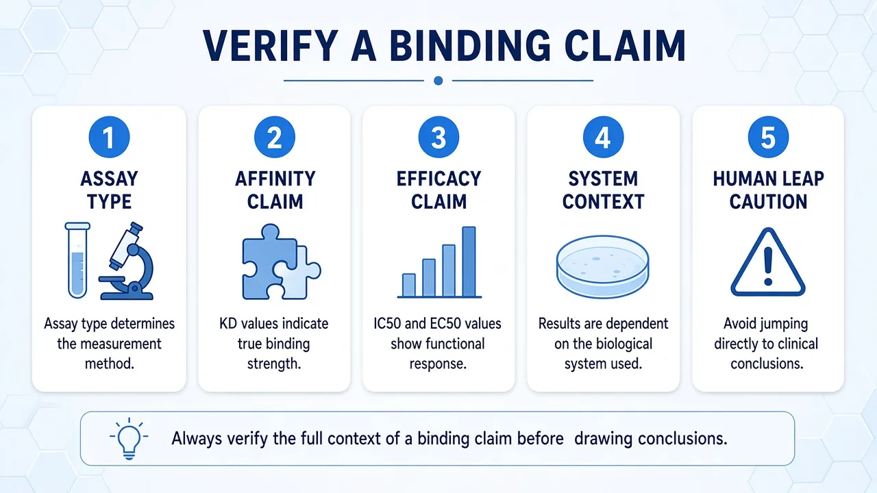 Five-step checklist for verifying peptide binding and efficacy claims