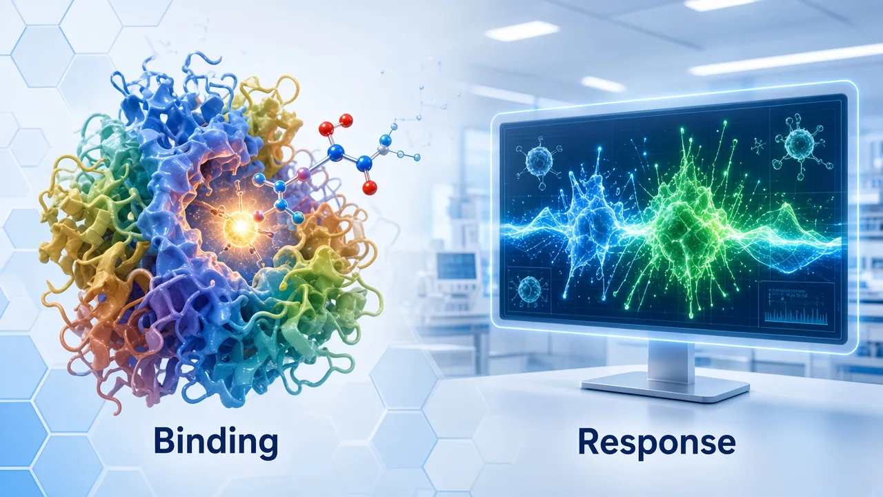 Binding model on one side and cellular response readout on the other