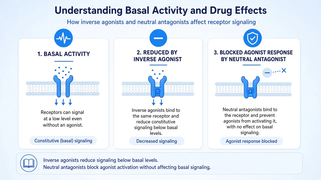 Infographic: basal activity reduced by inverse agonist versus blocked by neutral antagonist