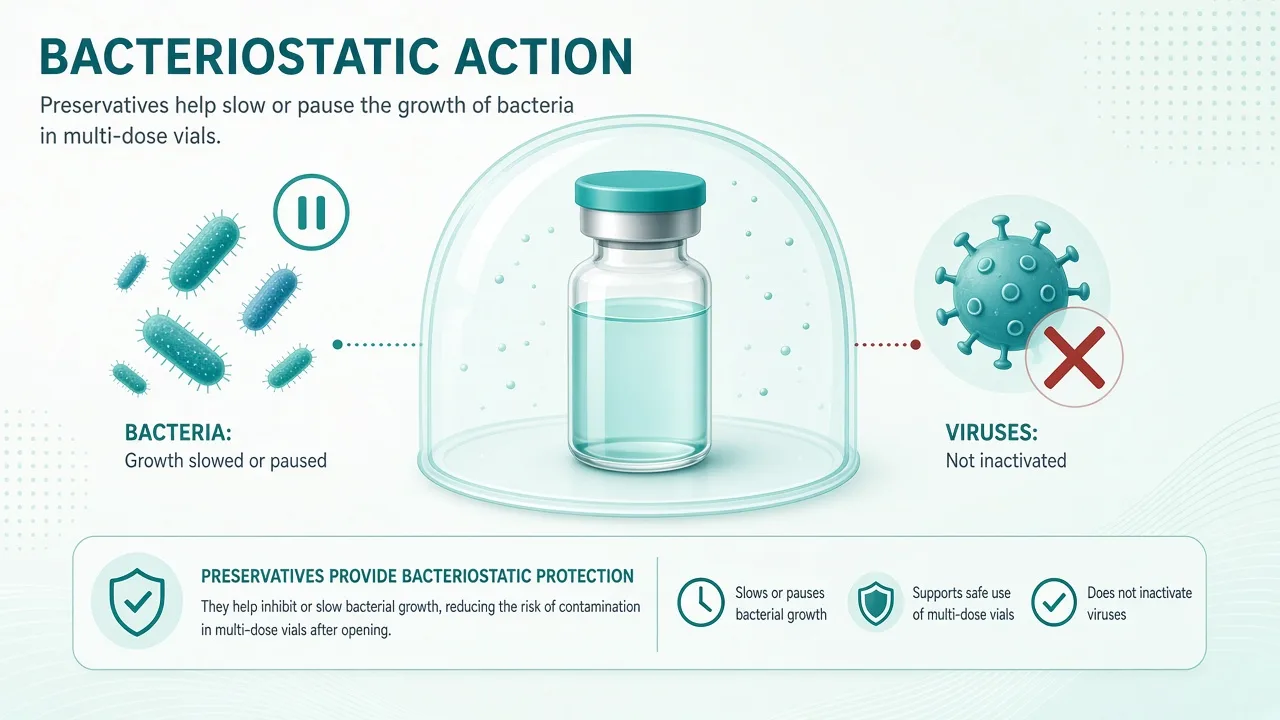 Educational graphic of bacteriostatic preservative limiting bacteria but not viruses