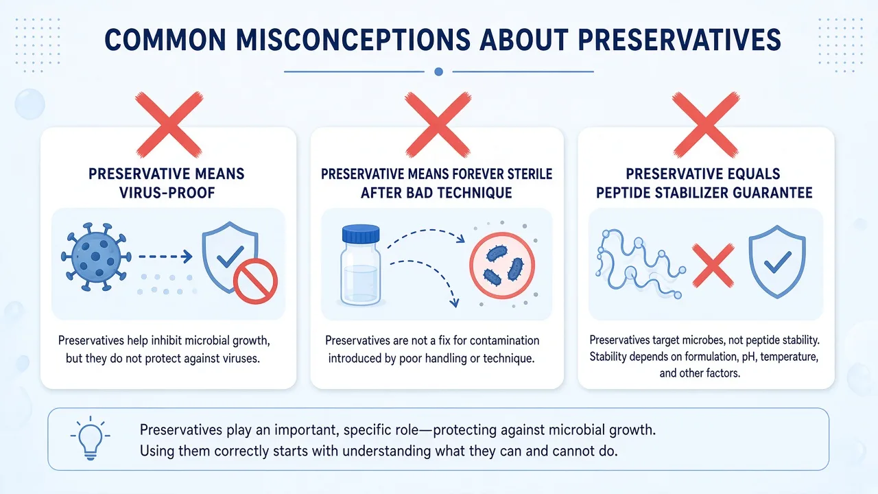 Crossed-out myths that preservative means virus-proof forever sterile or peptide stabilizer