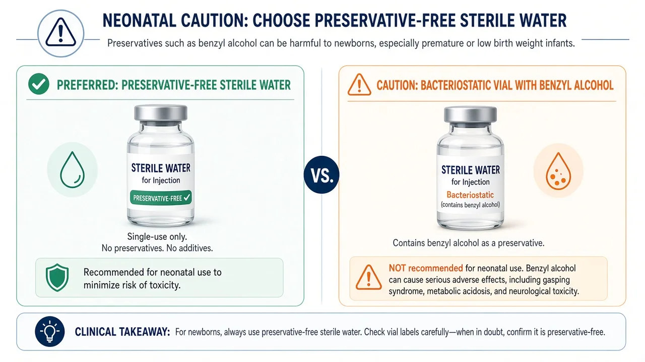 Educational caution graphic contrasting benzyl alcohol bacteriostatic water with preservative-free sterile water for neonatal labeling literacy