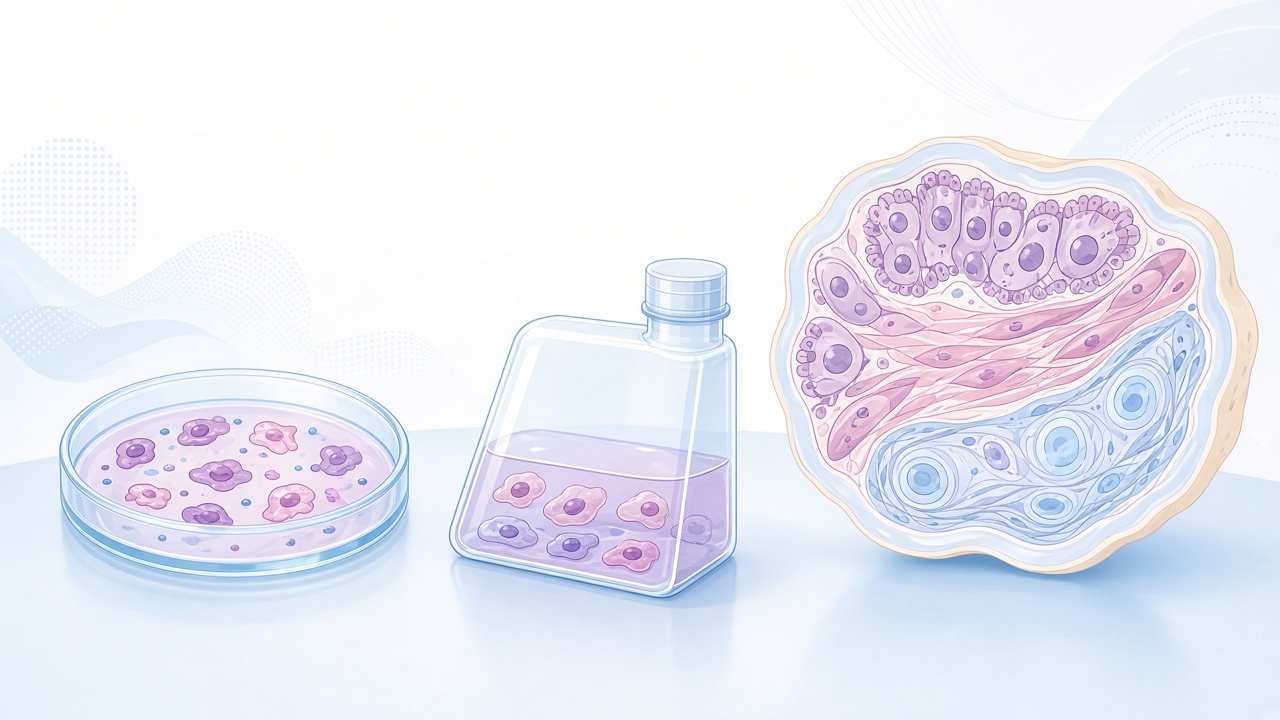 Petri dish, flask, and tissue section on a lab bench