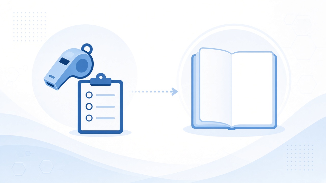 Whistle and clipboard beside a blank rulebook icon