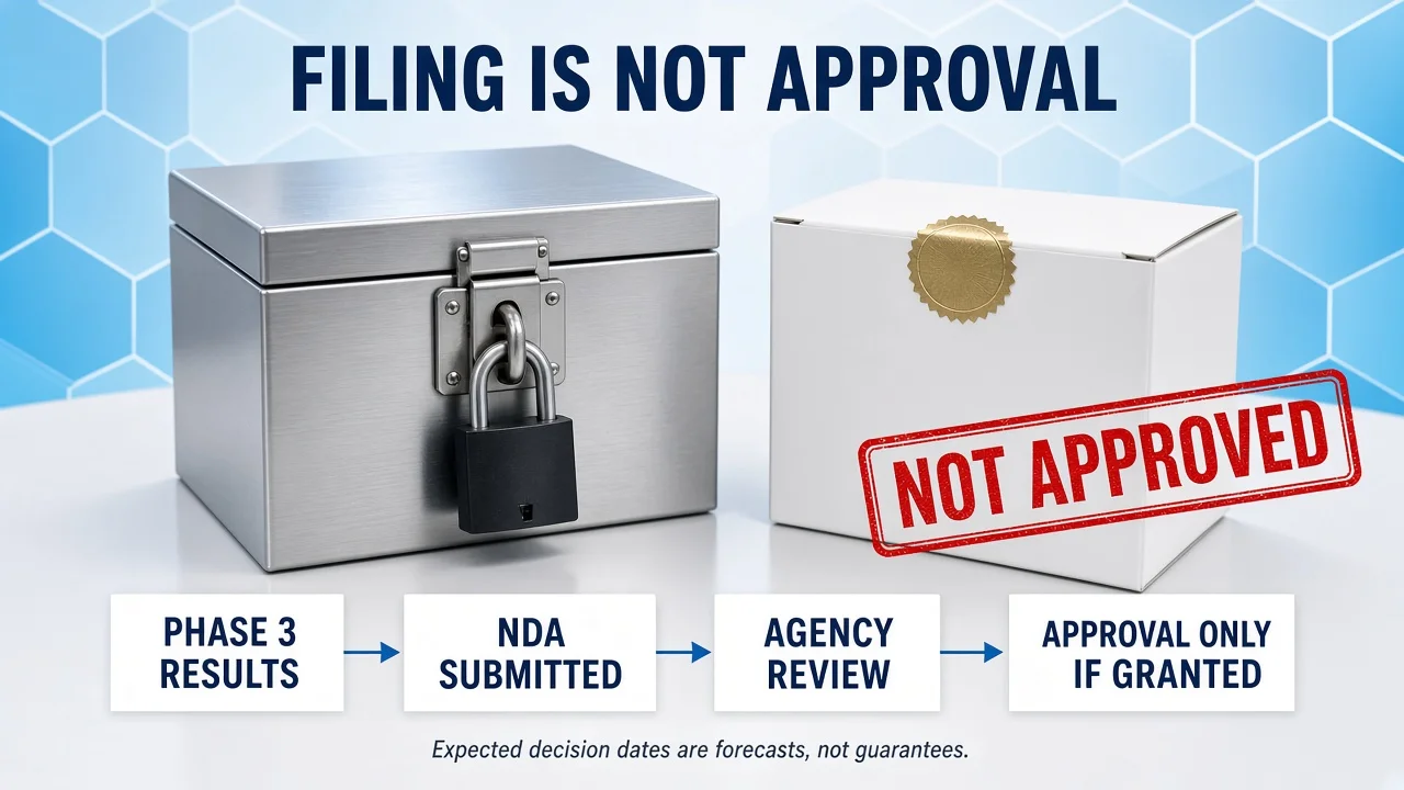 Timeline showing Phase 3 results, NDA filing, review, and approval only if granted