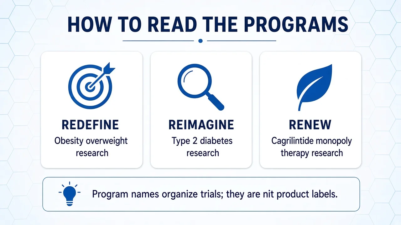 Cards distinguishing REDEFINE, REIMAGINE, and RENEW trial programs