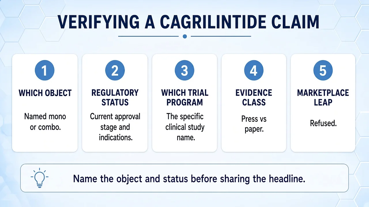 Five-step checklist for verifying cagrilintide or CagriSema claims