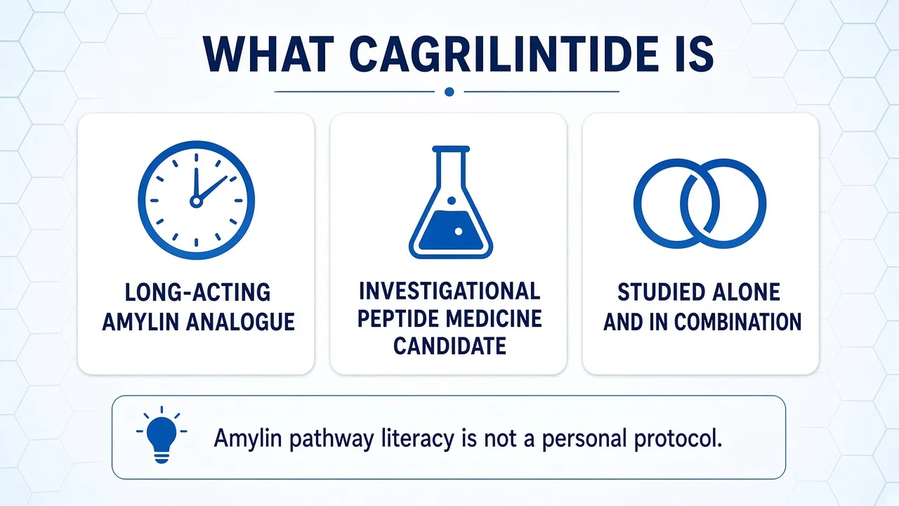 Infographic explaining cagrilintide as an investigational amylin analogue