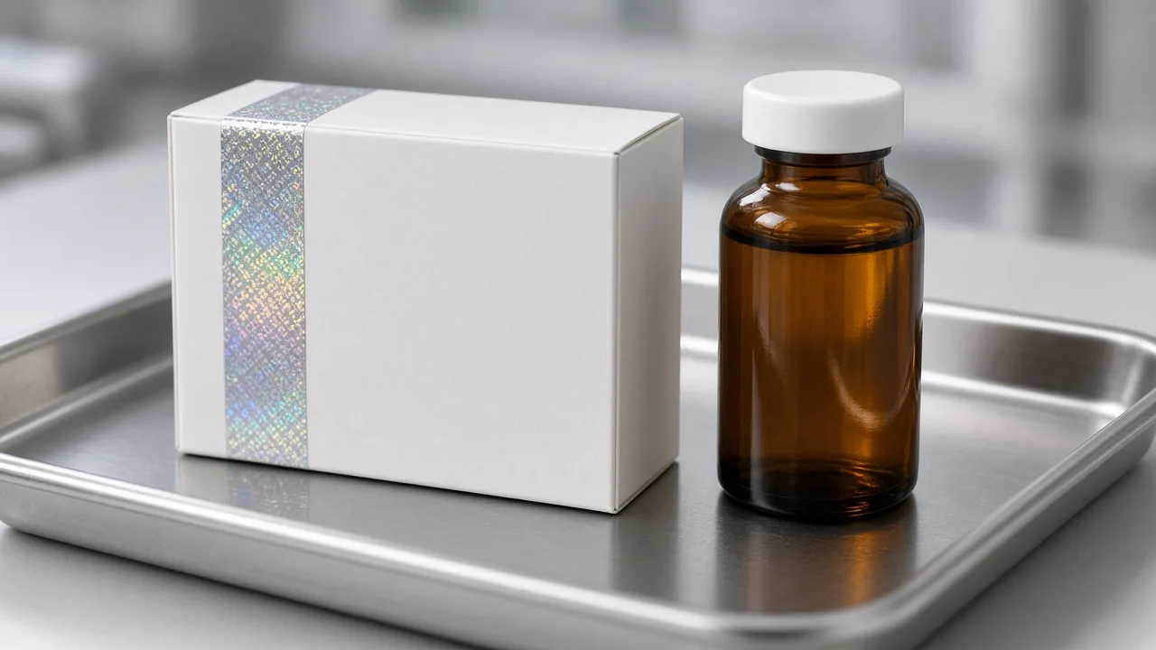 Approved label document contrasted with unlabeled vial illustration