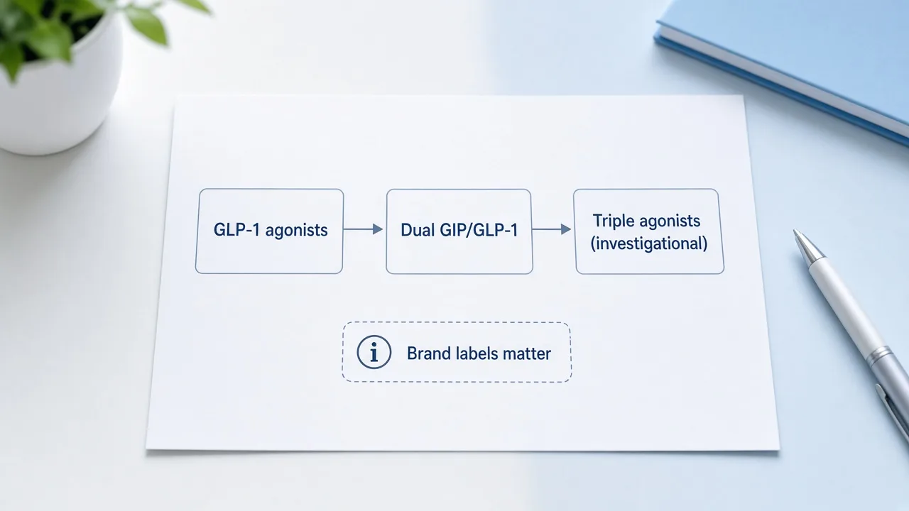 Diagram separating GLP-1, dual agonist, and investigational triple agonist categories