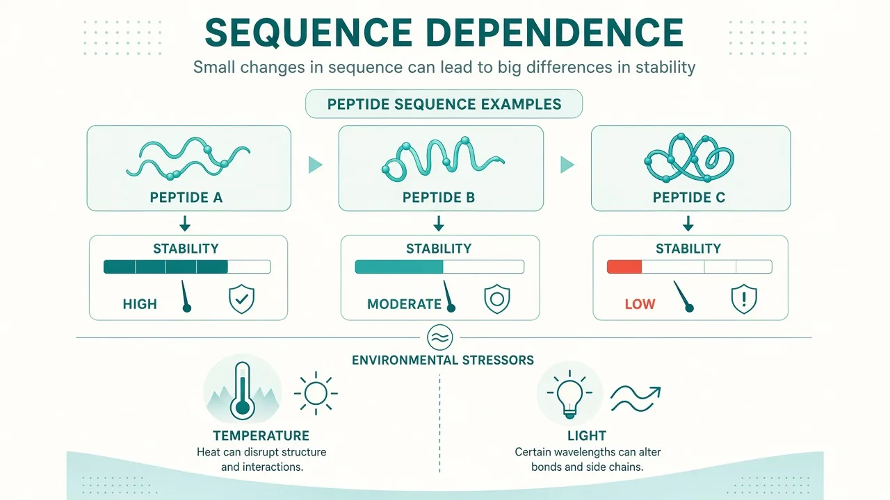 Educational graphic showing different peptide sequences with different stability profiles