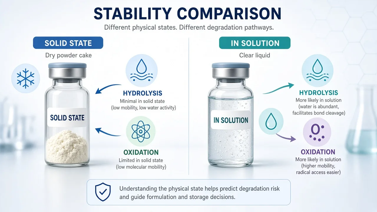Educational contrast between lyophilized peptide solid and peptide in aqueous solution