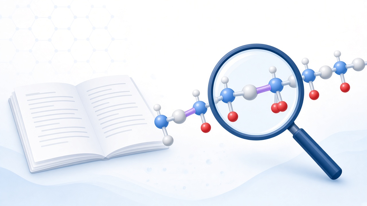 Peptide backbone highlighted beside a paper and magnifying glass