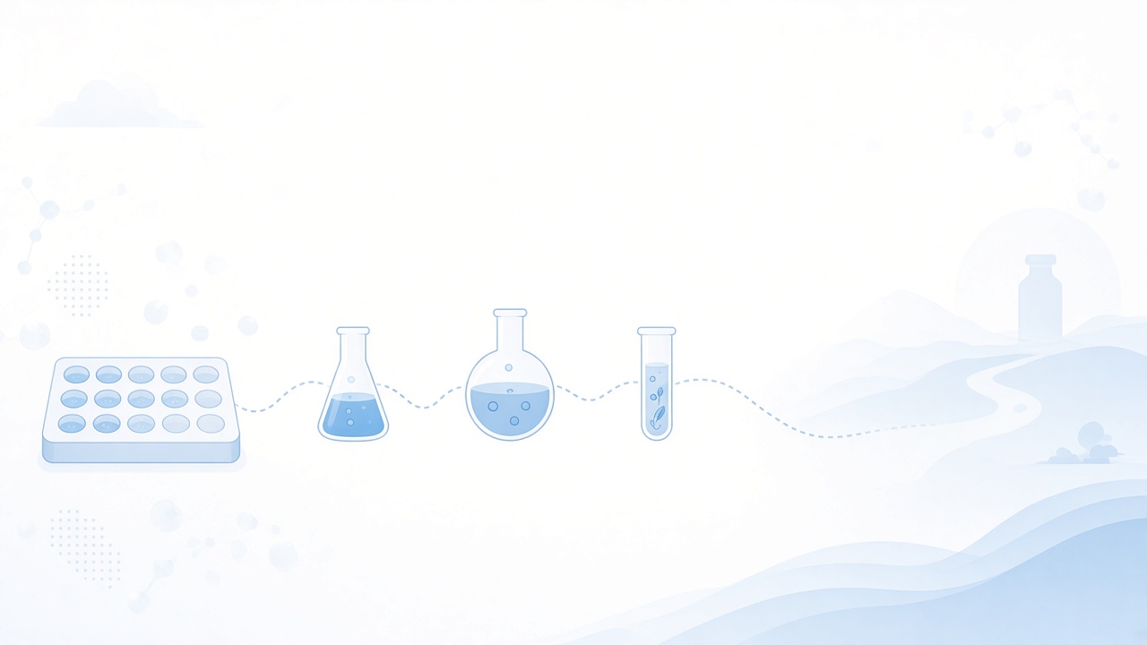 Pathway from assay well through flasks to a medicine bottle