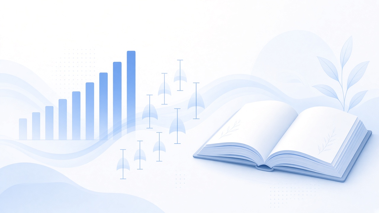 Calm bar chart and whiskers beside an open book