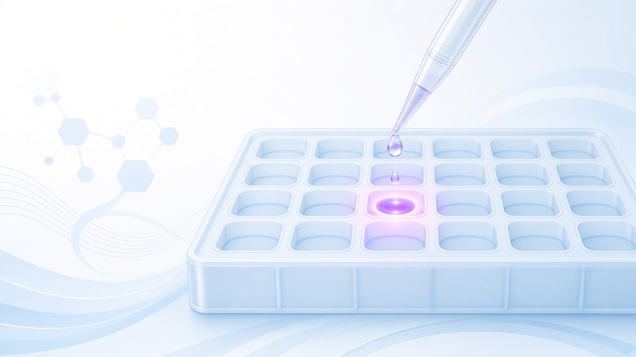 Pipette dispensing into a multiwell plate with one glowing well