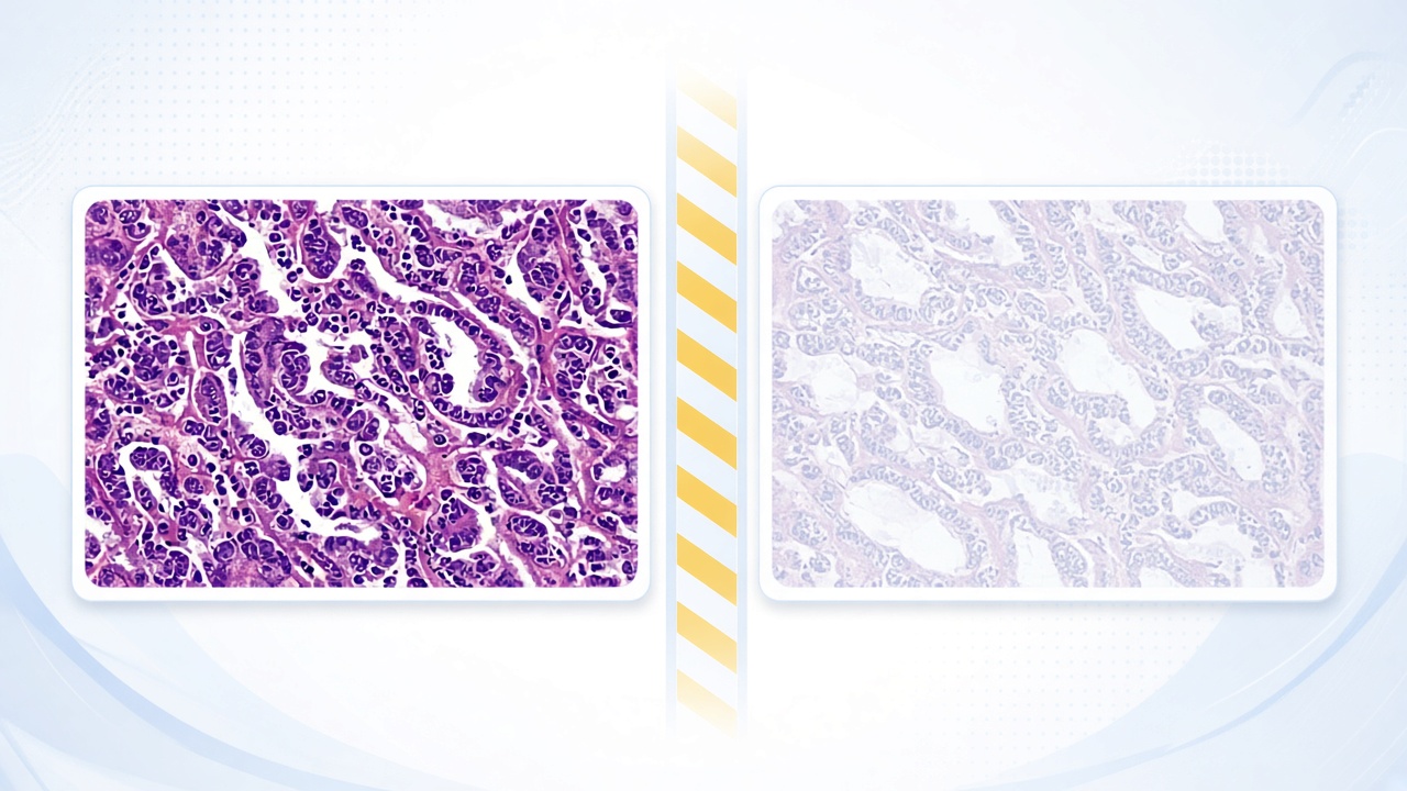 High-contrast stain panel beside a quieter cautioned panel