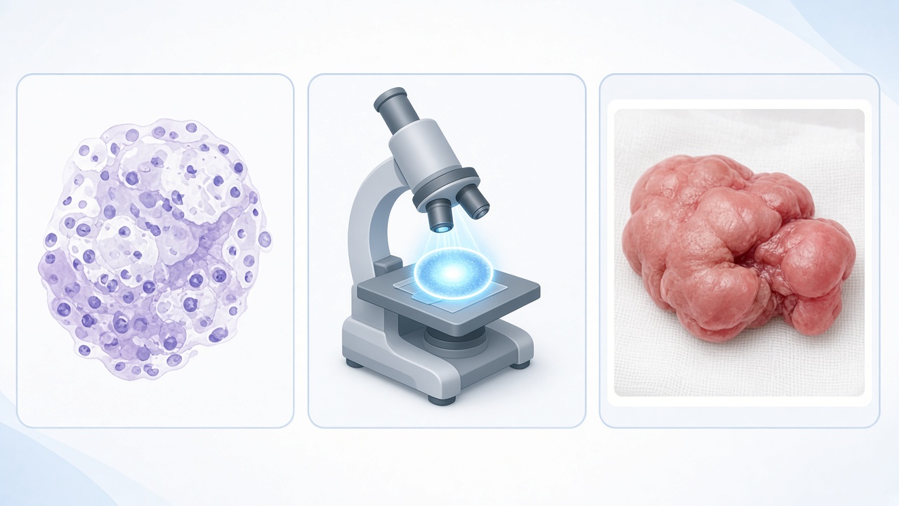 Histology slide, microscope view, and tissue photo panels