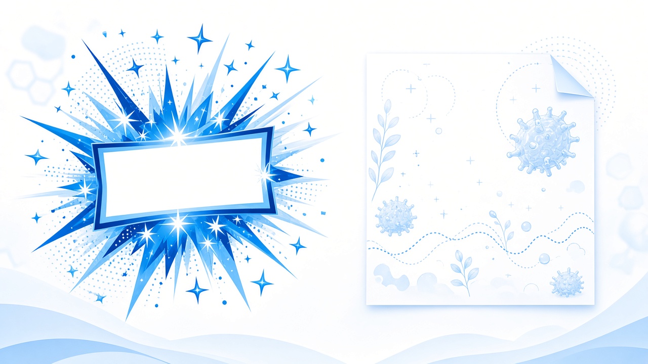 Flashy news banner contrasted with calm scientific paper