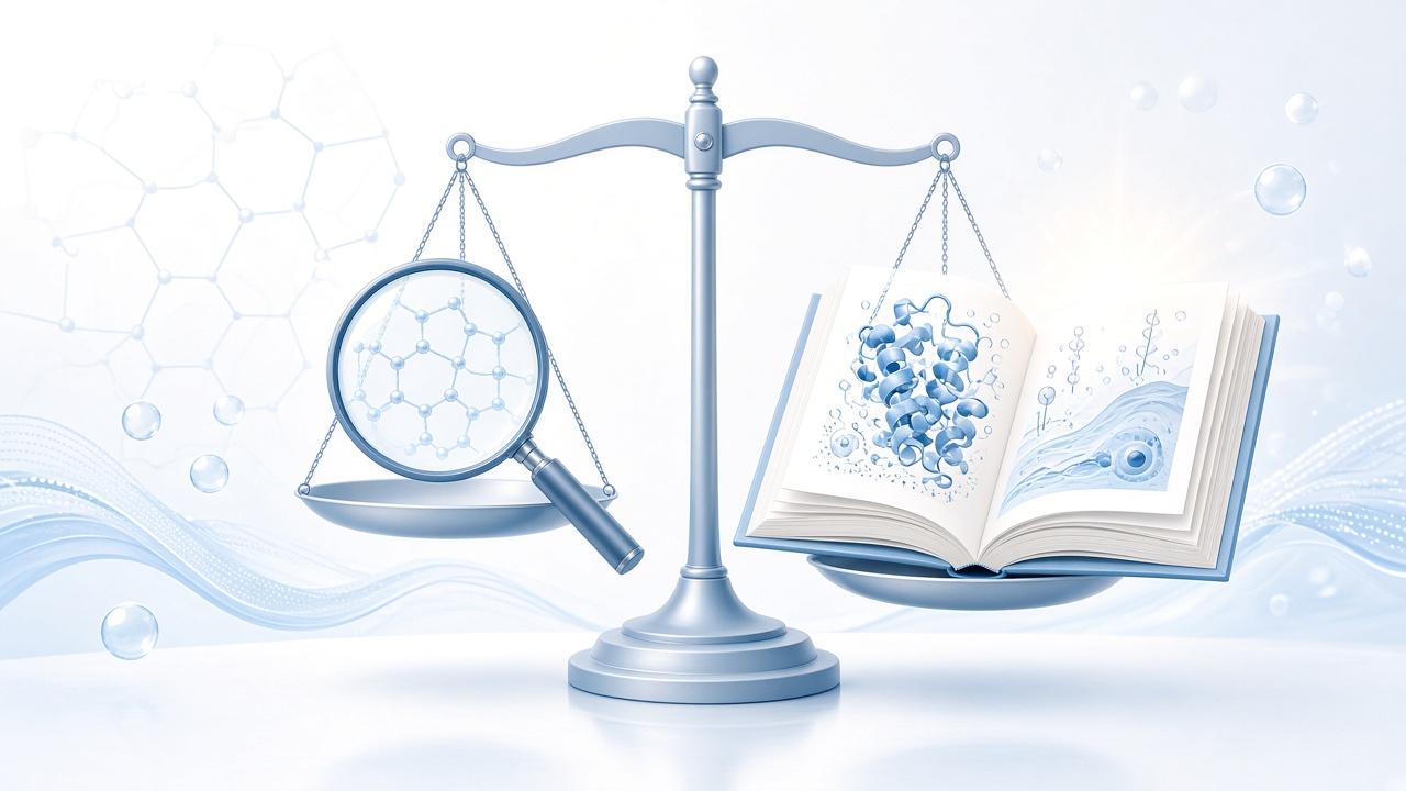Balanced scale with magnifying glass and open science book