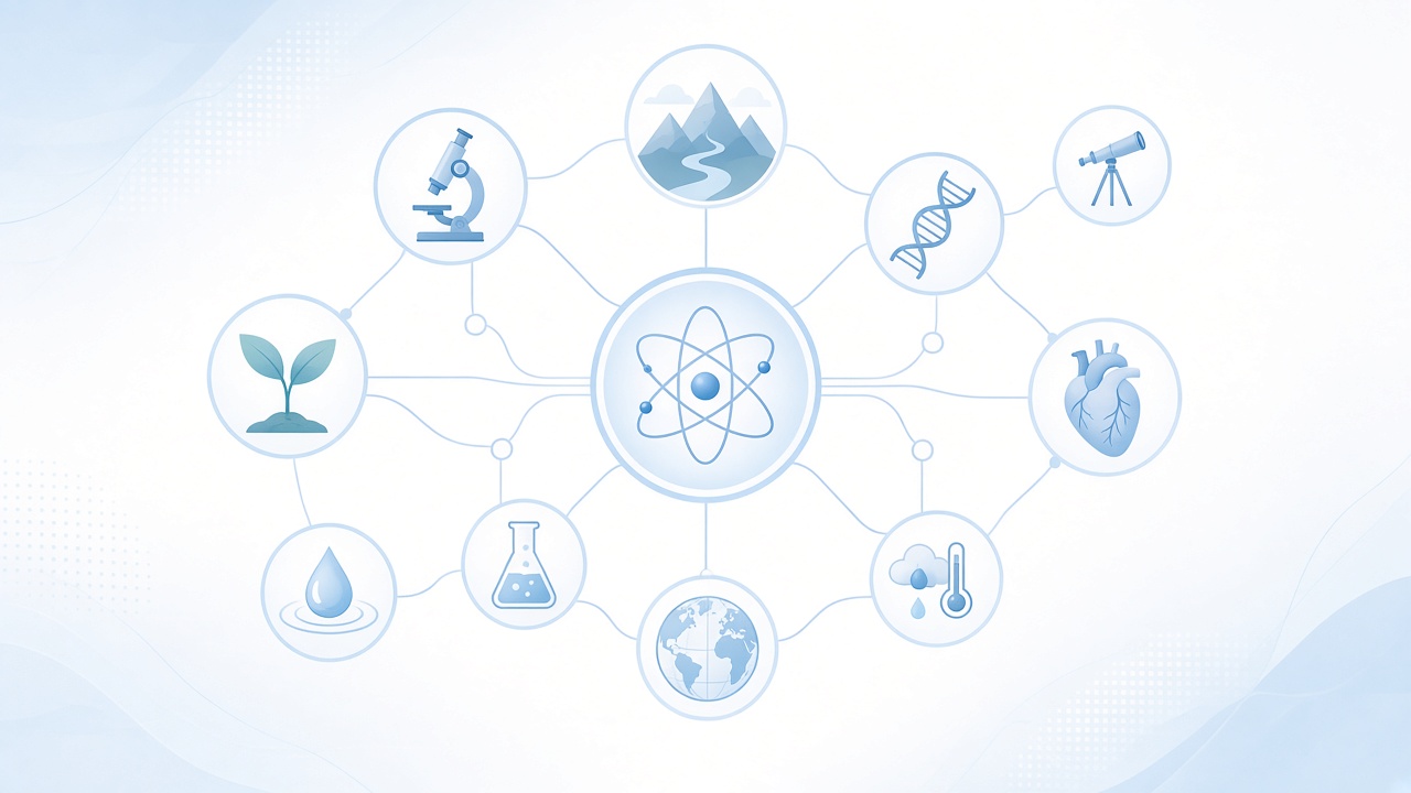Hub-and-spoke nodes showing related science reading paths