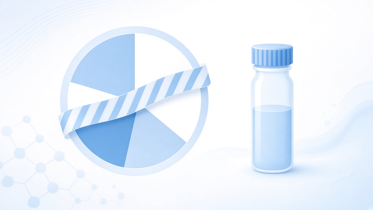 Vial beside a purity dial crossed by a caution ribbon