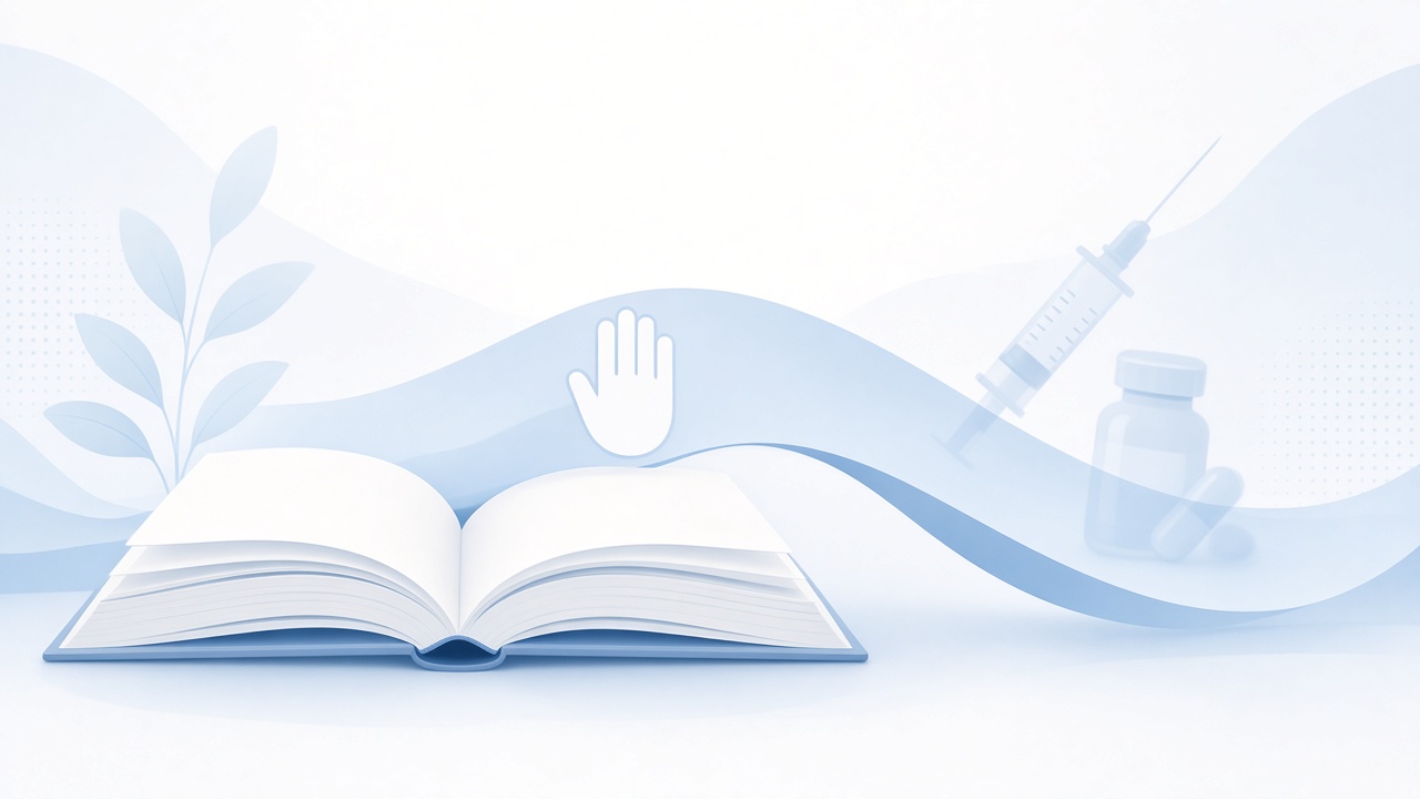 Open book with a barrier blocking syringe and dosing icons