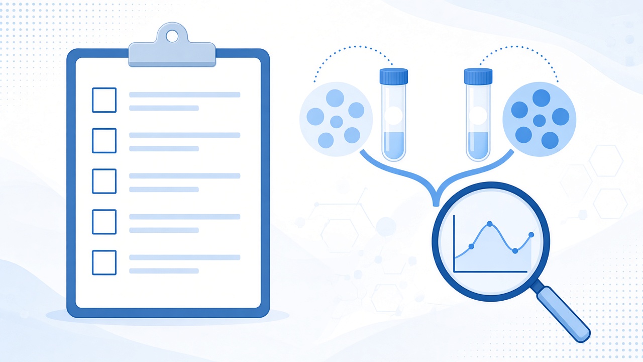 Clipboard checklist beside split trial sample groups