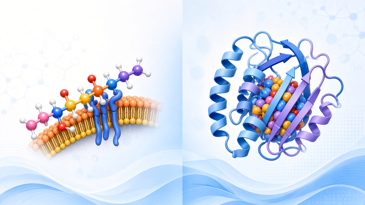 Short peptide messenger at a receptor beside a large protein enzyme machine