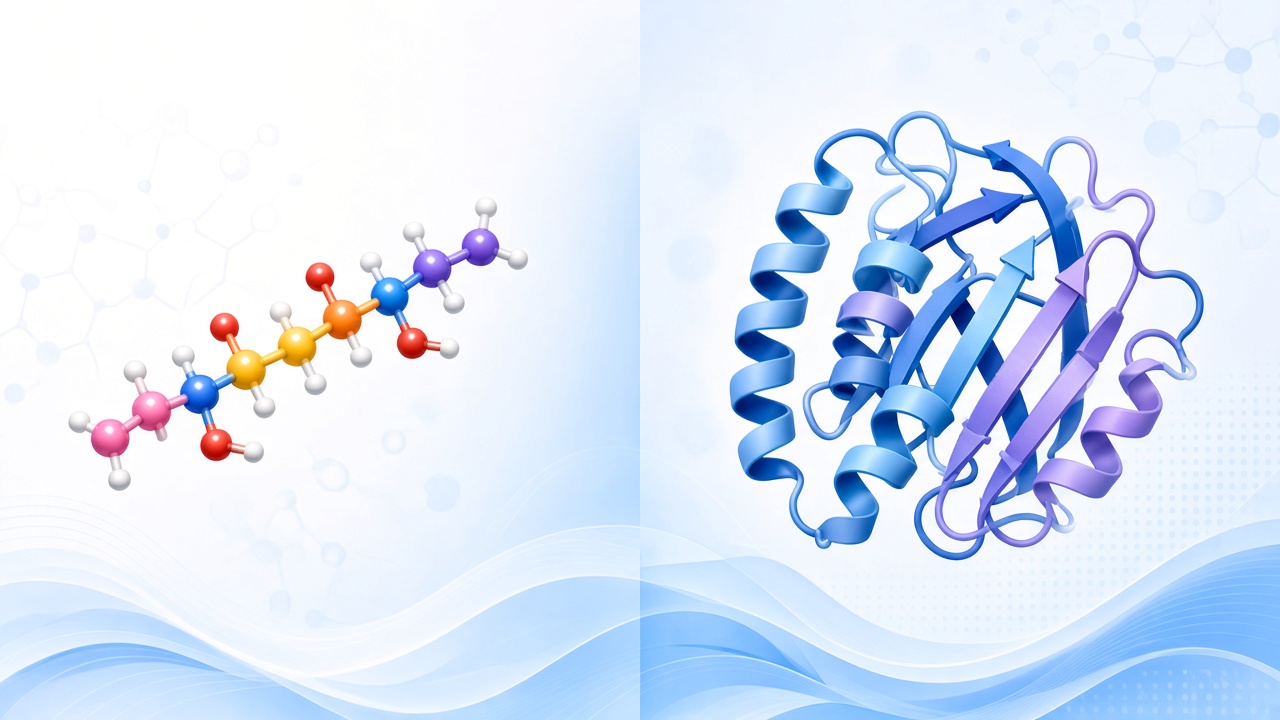 Short flexible peptide chain beside a folded protein with helices and sheets