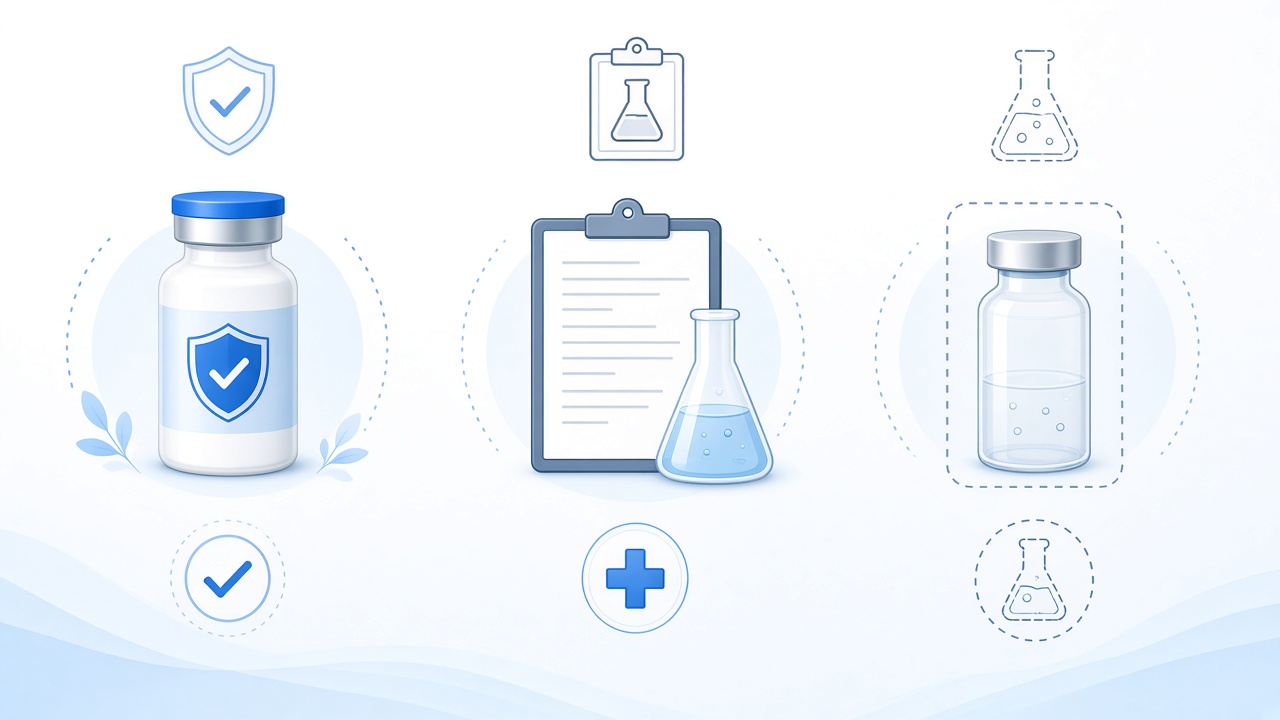 Three lanes: approved bottle, trial clipboard, experimental vial