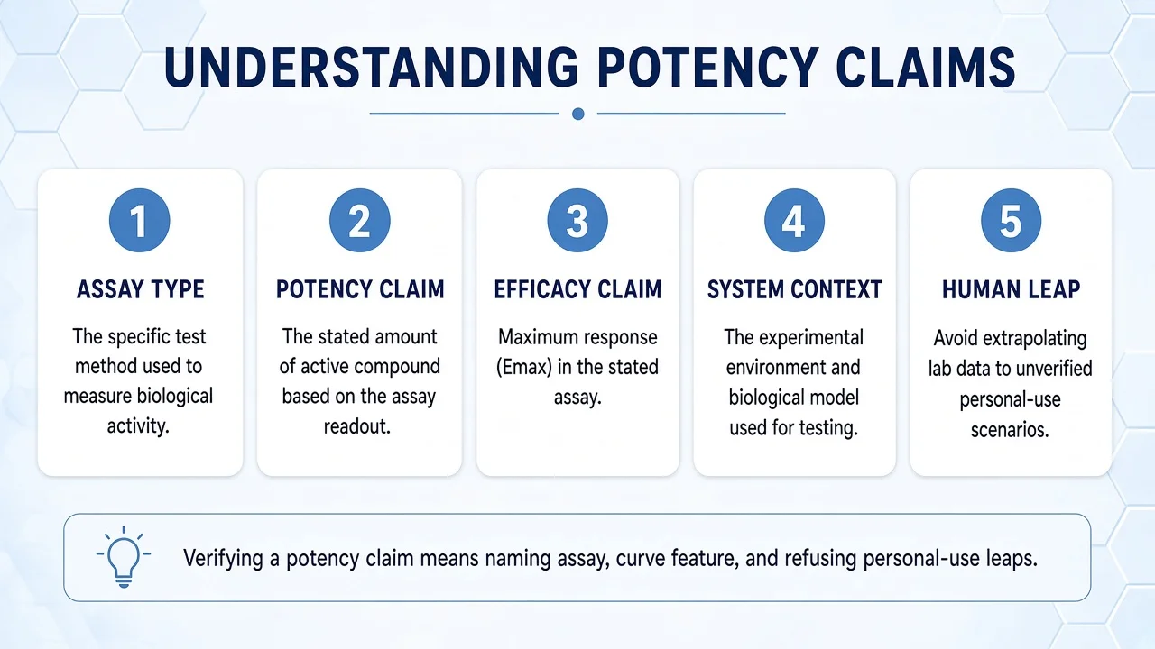 Five-step checklist: assay type, potency, Emax efficacy, system context, human leap