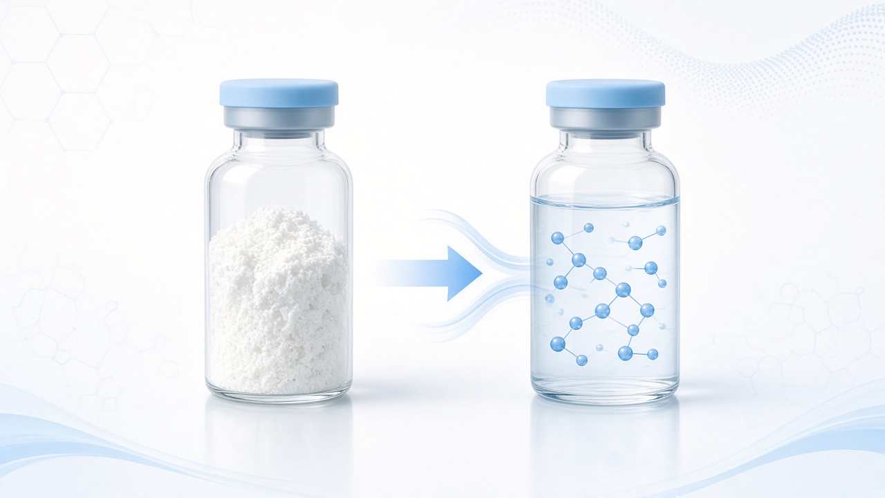 Lyophilized powder vial contrasted with peptide in solution