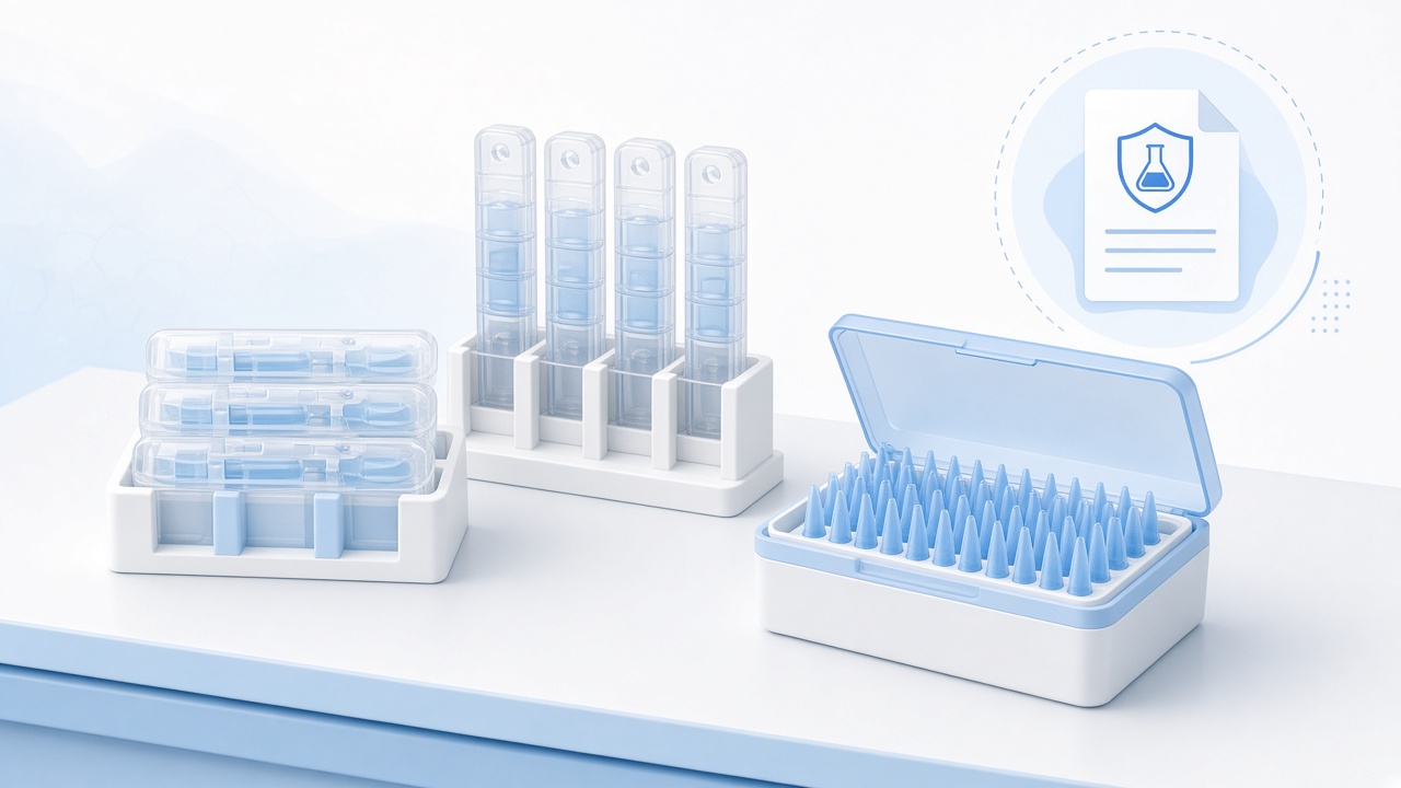 Lab bench with IVD assay tools for RUO educational context