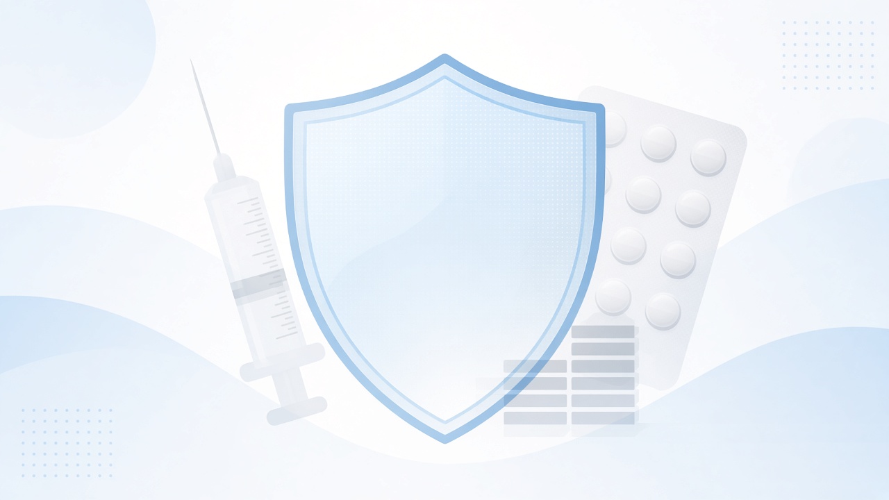 Protective shield in front of faded syringe and pill icons