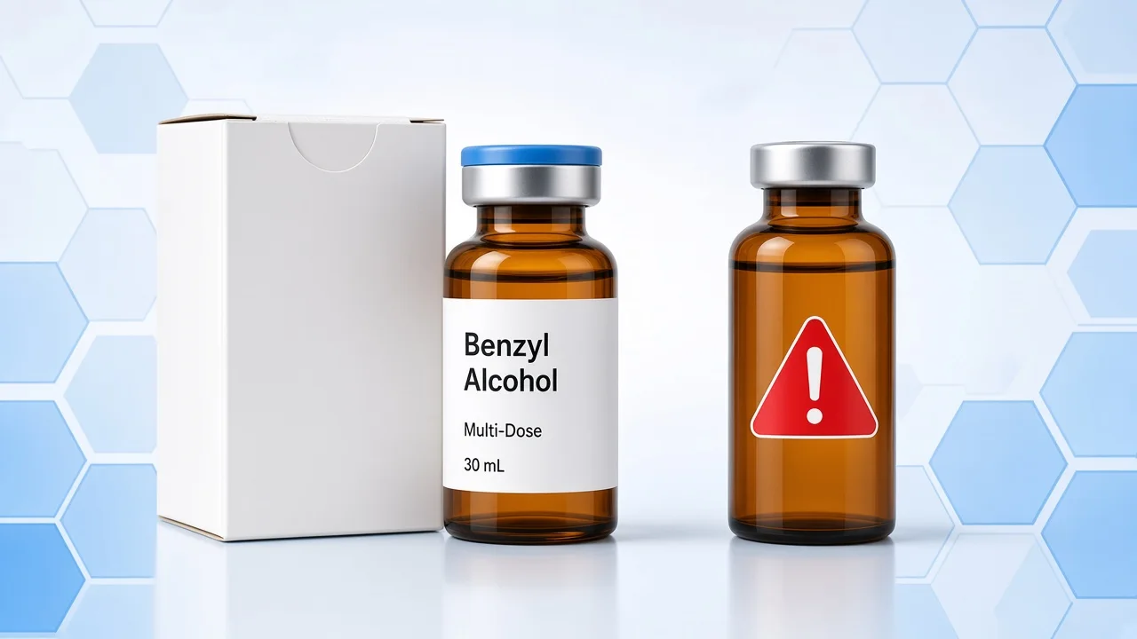 Official pharmacy package beside unlabeled research vial and caution symbol