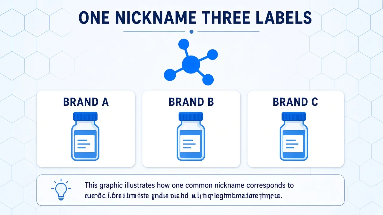 One nickname collapsing into separate branded medicine label cards