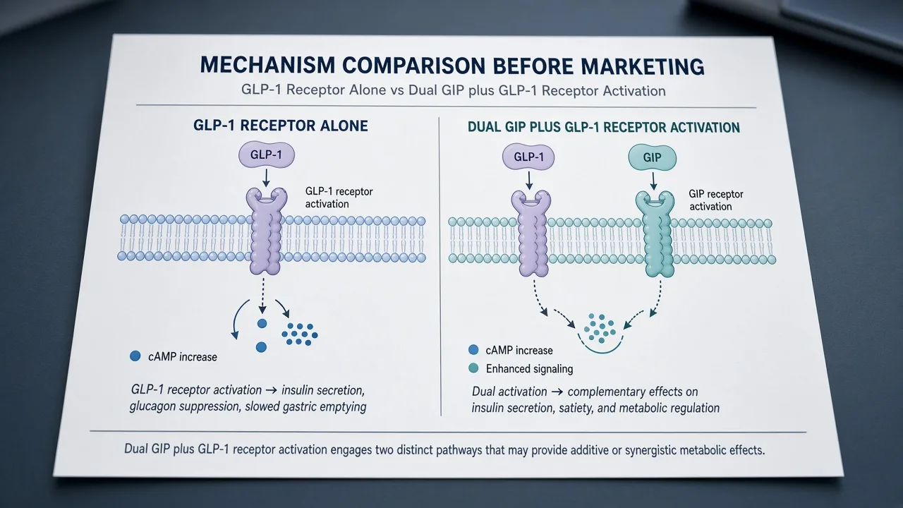 Side-by-side cards for GLP-1 agonist versus dual GIP/GLP-1 agonist