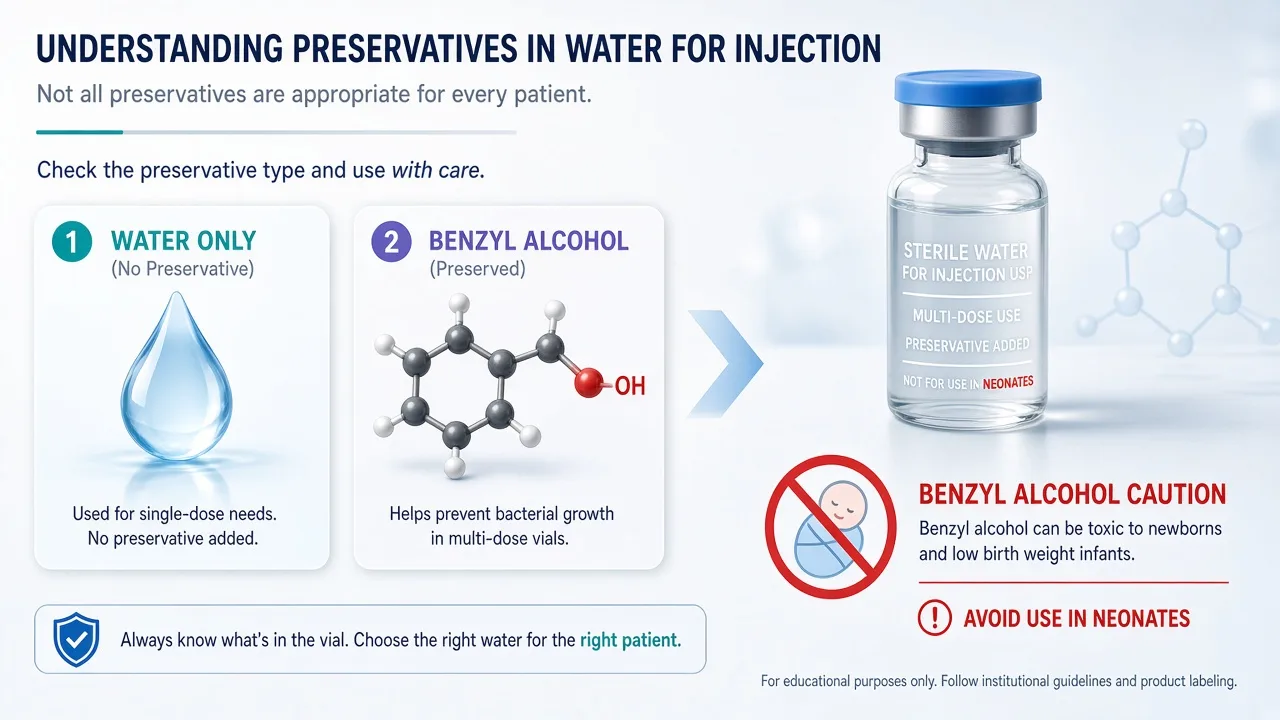 Educational graphic of benzyl alcohol preservative in bacteriostatic water with neonatal caution literacy