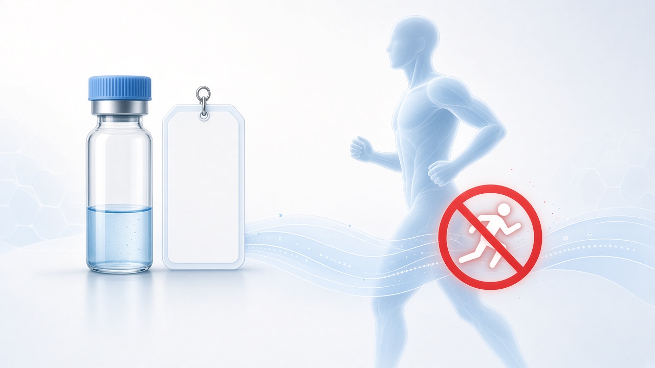Research vial beside athlete with soft prohibition overlay