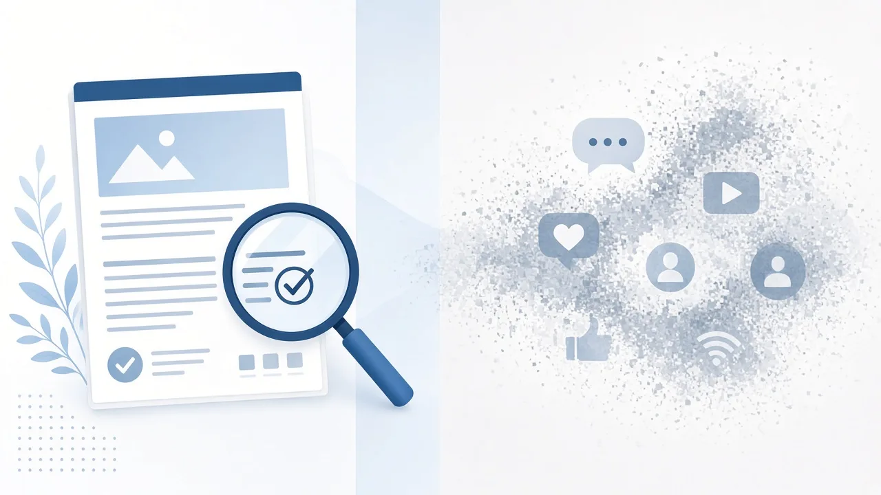 Educational illustration contrasting careful research reading with noisy online claims