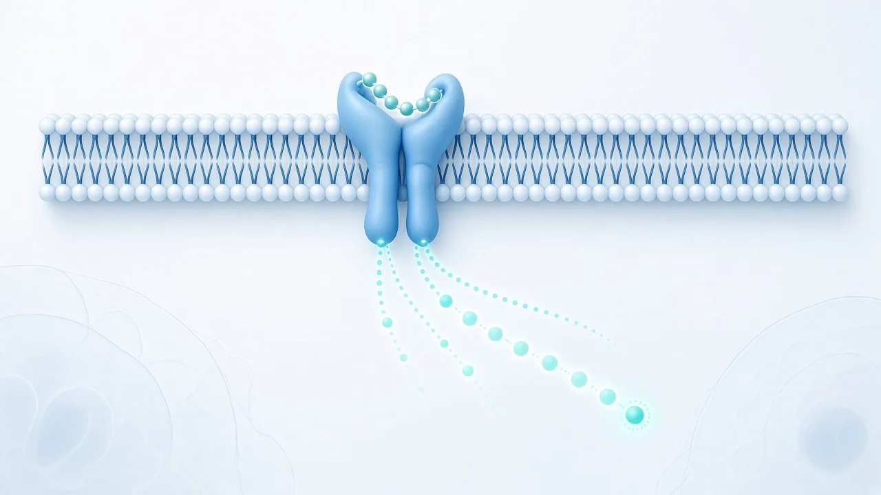 Educational illustration of a peptide interacting with a cell receptor and signaling pathway