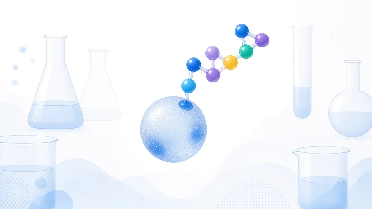 Conceptual educational illustration of laboratory peptide assembly on a research bead