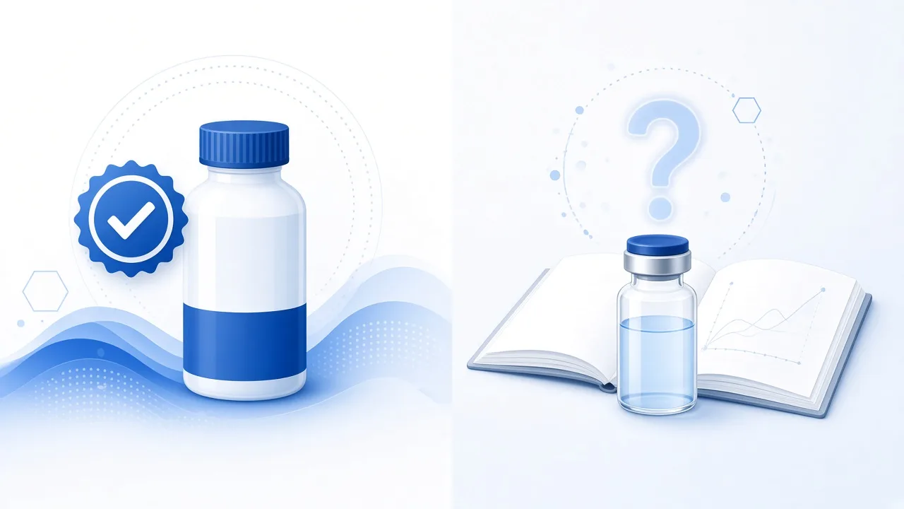Educational comparison illustration of approved medicines versus investigational research peptides