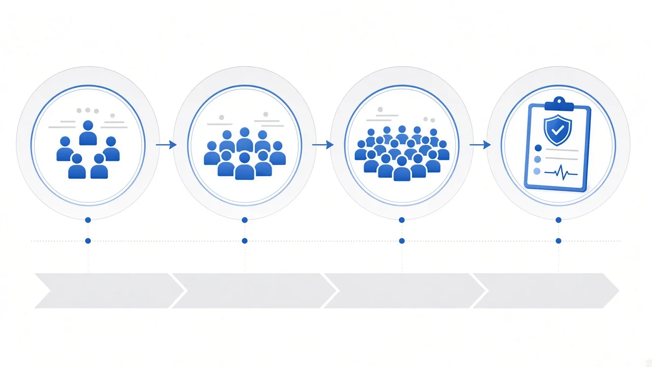 Educational illustration of clinical trial phases as sequential research stages