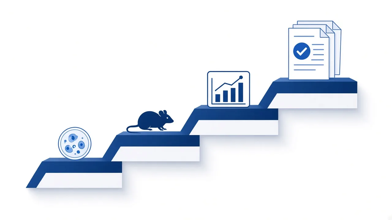 Educational illustration of an evidence ladder from cell studies to clinical research