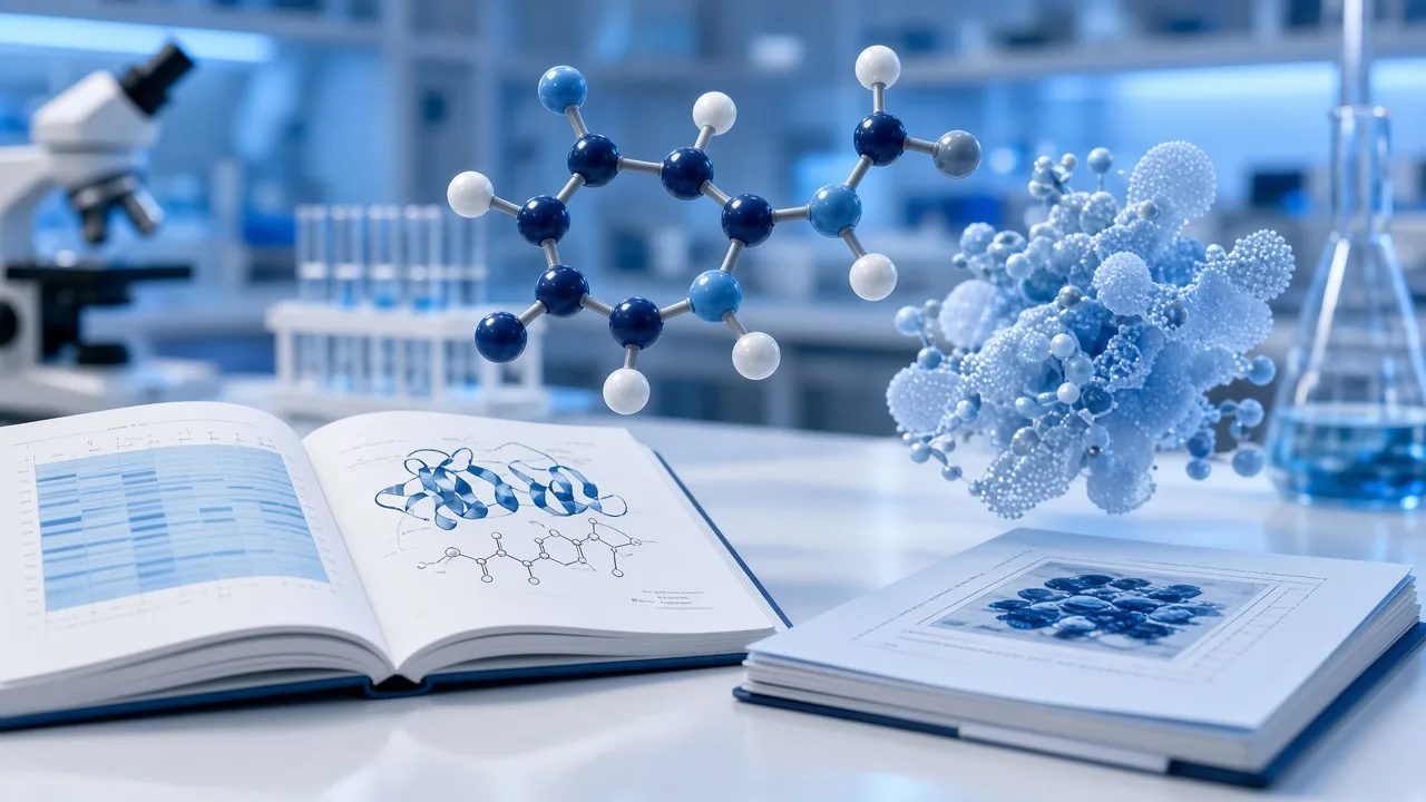 Feature illustration for Research and Science: peptide research literature in a calm laboratory setting