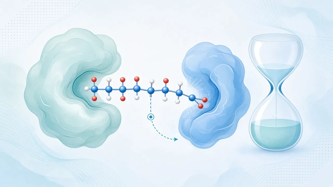 Educational illustration of peptide stability, protease sensitivity, and half-life concepts