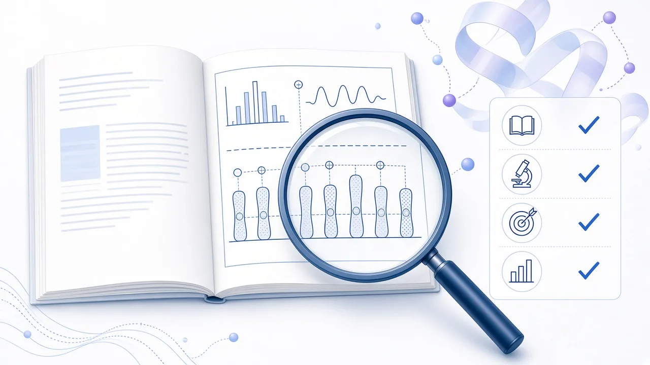 Educational illustration of carefully reading a peptide research paper with a magnifying glass