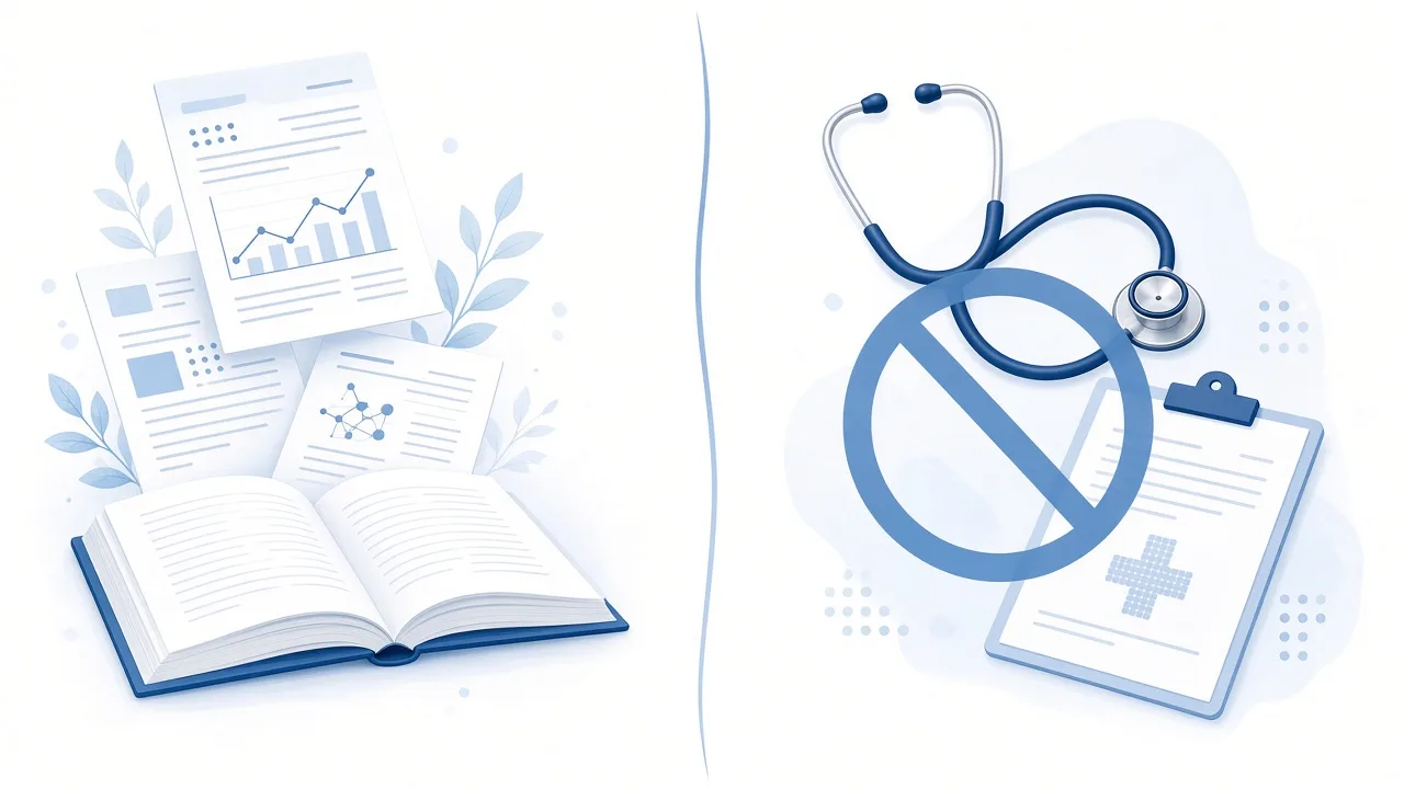 Educational illustration showing research education is not medical advice